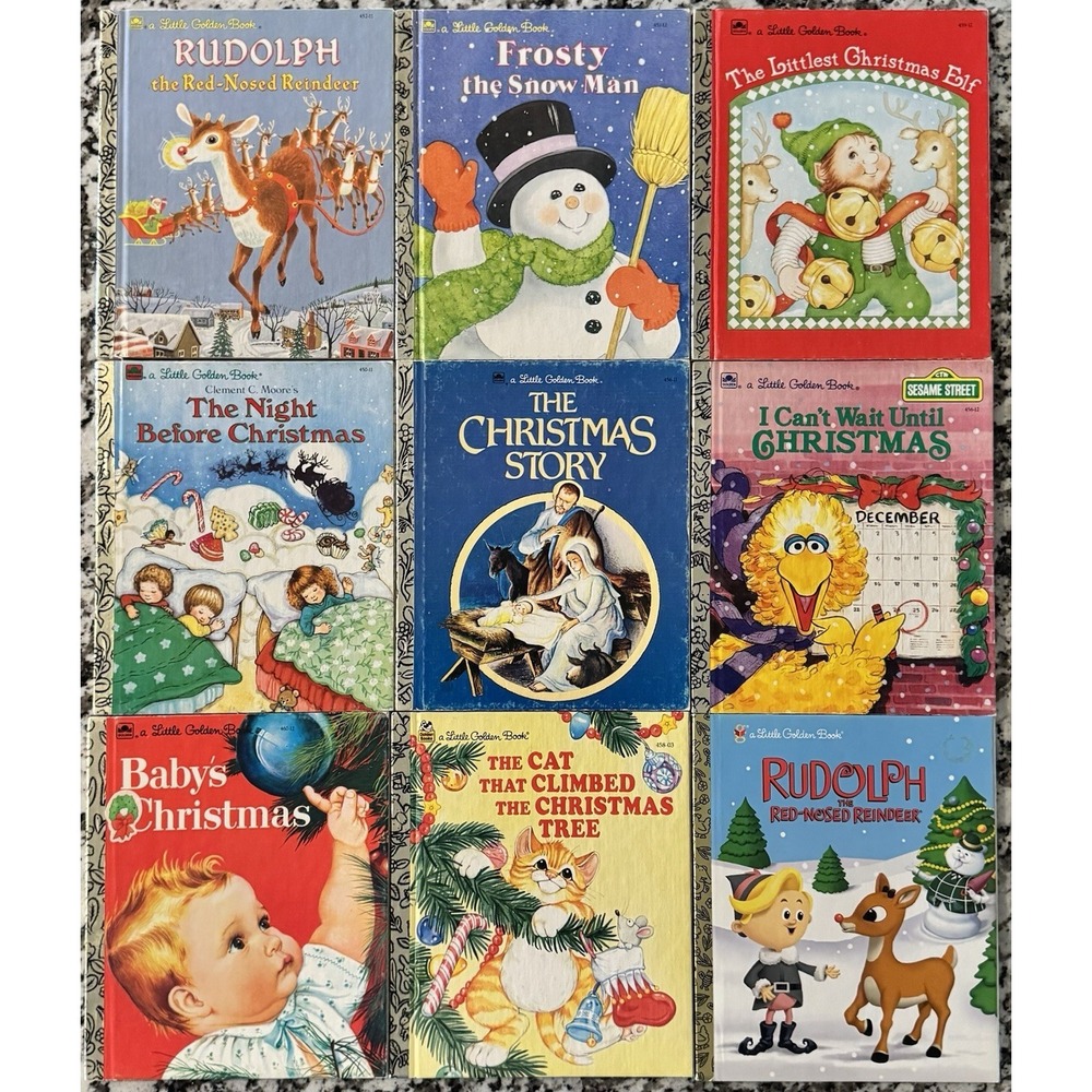 Vintage Lot of 9 Little Golden Books Christmas Rudolph Big Bird Frosty Baby Cat